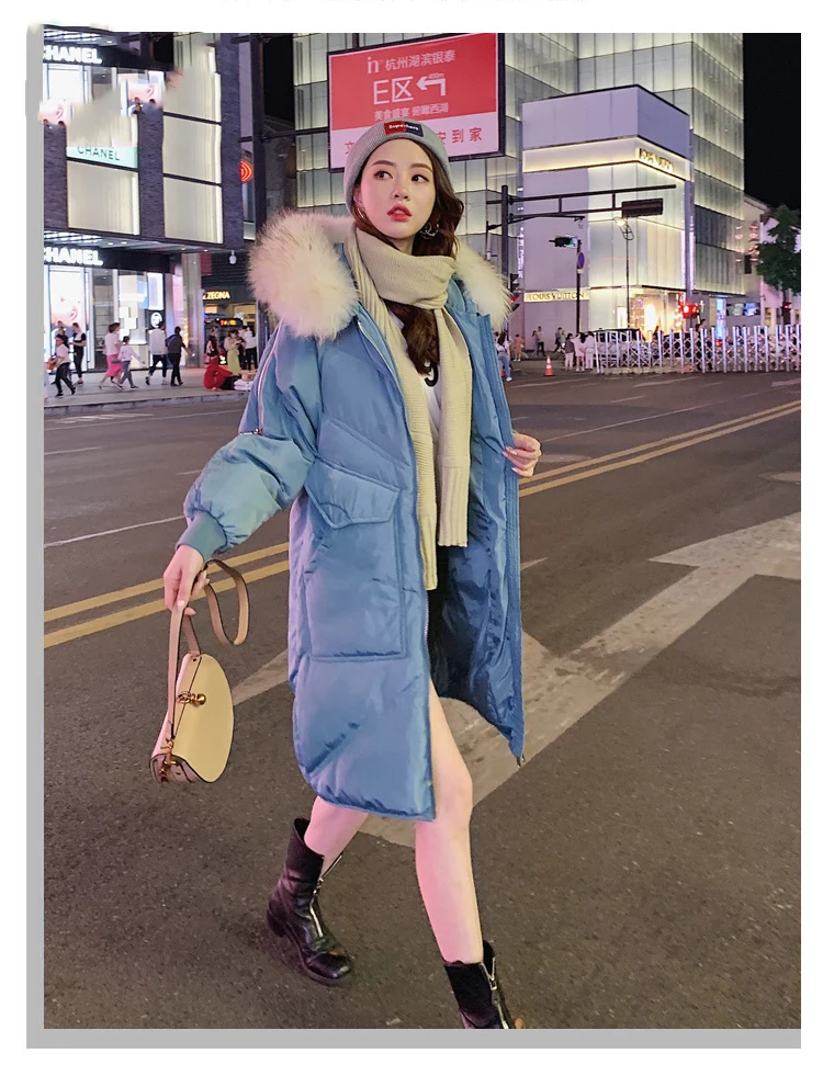 Зимнее плотное теплое пальто для женщин, белая большая куртка с натуральным мехом, пуховые пальто, парка, Женское пальто, длинное синее пуховое пальто, верхняя одежда