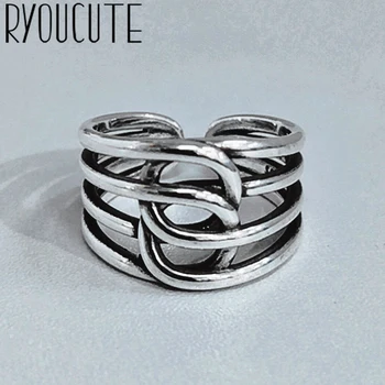 

Wholesale Real Silver Color Layer Chains Line Rings For Women Big Antique Rings Finger Jewelry High Quality