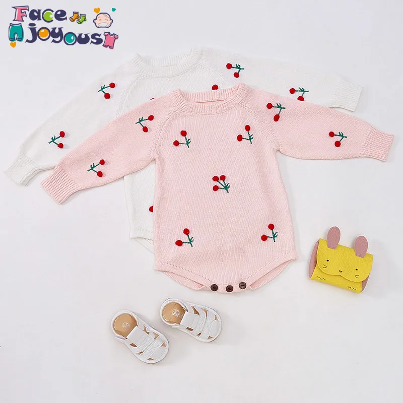

Baby Girl Romper Autumn Newborn Baby Romper Long Sleeve Knitted Baby Clothes Cotton Cherry Infant Baby Jumpsuit Girl Clothes