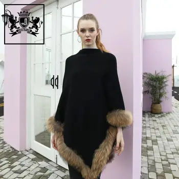 

Black Angora Poncho with Real Raccoon Fur Brim Casual Warm Loose Pullover Long Shawl