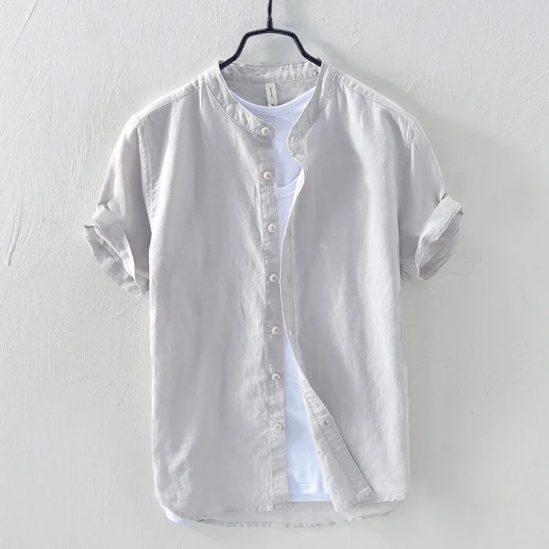 Летняя Модная хлопковая льняная рубашка с коротким рукавом, мужские повседневные тонкие рубашки с круглым воротником, мягкая мужская одежда