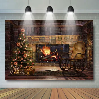 

Christmas Fireplace Chair Photography Background Party Christmas tree Backdrops Wood Floor Brick wall Santa Claus Decoration
