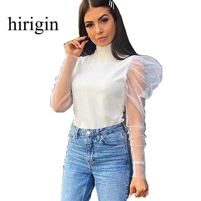 hirigin Highstreet Black Mesh Lace Long Puff Sleeve High Neck Fitted Tops 2020 Autumn Casual Women Modern Lady Tshirt Top | Женская