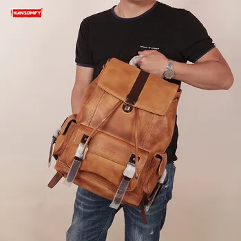 

Retro Men's Backpack Laptop Shoulder Bag Leather Computer Travel Backpacks Brown The First Layer of Leather Large Capacity Male