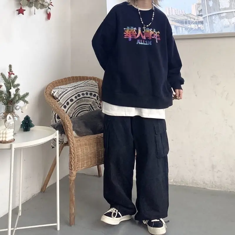 Wide Leg Pants Mens Fashion Cargo Pants Vintage Harajuku Trousers Japanese Streetwear Multi-Pocket Casual Stitching Dungarees