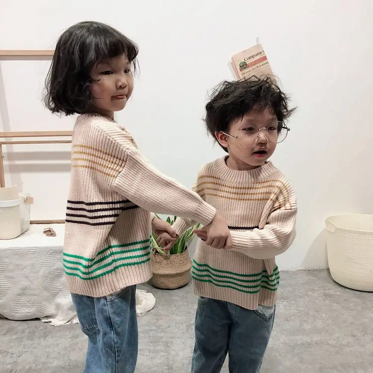 Осенне-зимний свитер для малышей свитер для маленьких девочек одежда для маленьких мальчиков осенний свитер Корейская одежда в полоску