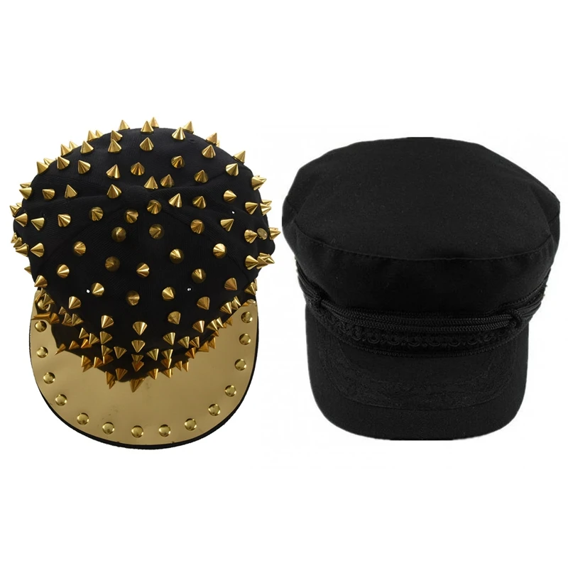 

2Pcs Black Hat: 1Pcs Hat Cap with Studs Gold Hip Hop Punk Gothic & 1Pcs Hat Flat Top Hats for Women Female Cap