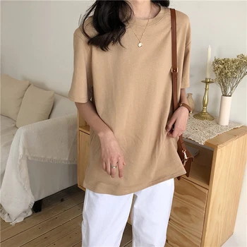 

fashion woman t-shirts 2020 Summer New T-shirt Soft Free Loose Hot Sale Solid Fresh Women Natural Short Basic Shirt 9702