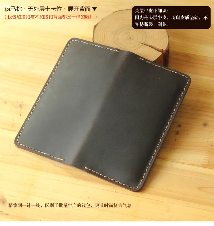 Cartera de cuero auténtico de Caballo loco para hombre, cartera larga de cuero, bolso de mano, monedero, monedero