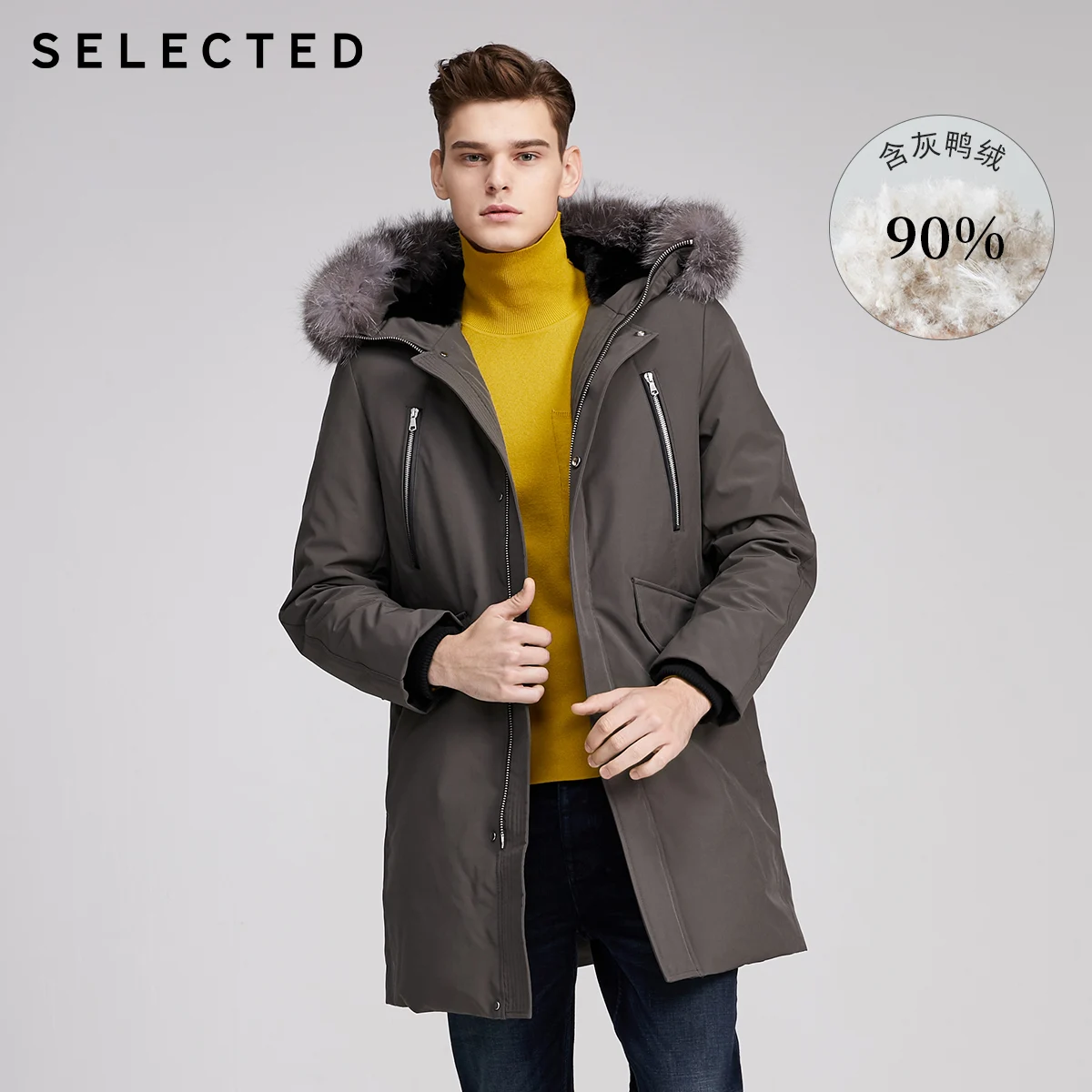 Мужской пуховик средней длины с капюшоном из лисьего меха | 419412578