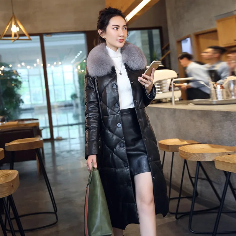 

2019 New Winter Genuine Leather Jacket Women Long Sheepskin Coat Women's Down Jackets Warm Real Fox Fur Collar ZM-16651 KJ3142