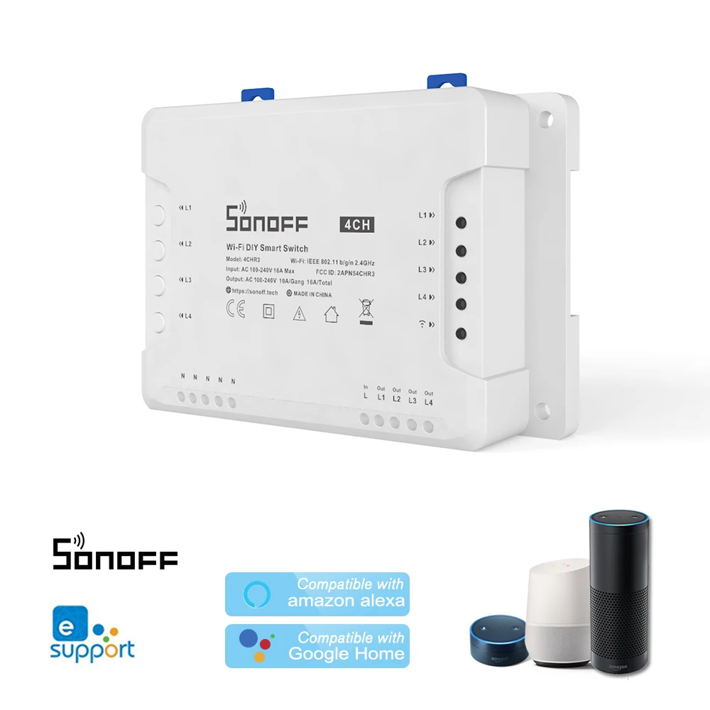 Беспроводной смарт выключатель Sonoff R3 ITEAD 4 канальный совместим с Amazon Alexa для