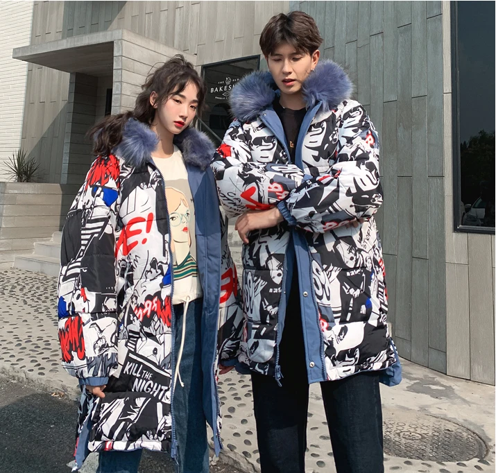 Зимняя длинная куртка Мужская/женская одежда Harajuku ветровка Толстые теплые мужские пальто парка большой меховой воротник Повседневная куртка с капюшоном