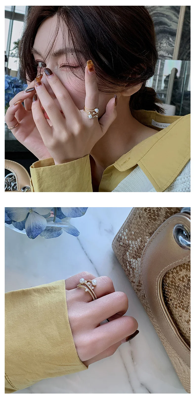 Luxuriöser und exquisiter dreilagiger Perlen-Goldfarben-verstellbarer Ring für Damenschmuck, koreanische Mode, Mädchen, ungewöhnliche Accessoires – Detail 6