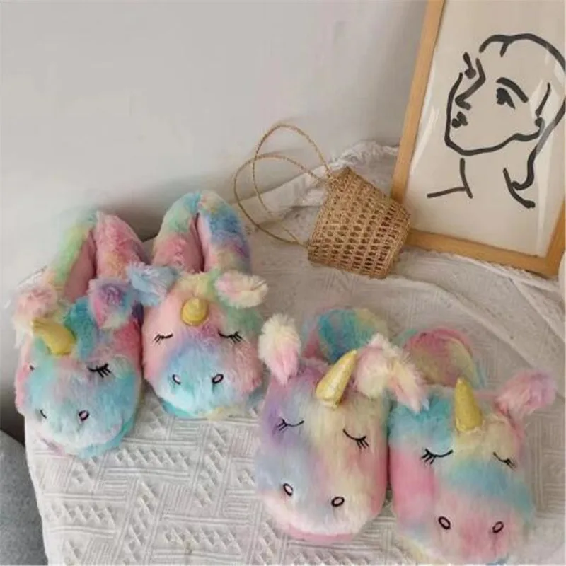 

Women's Winter Cotton Shoes Cute Cartoon Unicorn Slippers Casual Warm House Shoes Ladies Plush Slides Female Furry Flip Flops