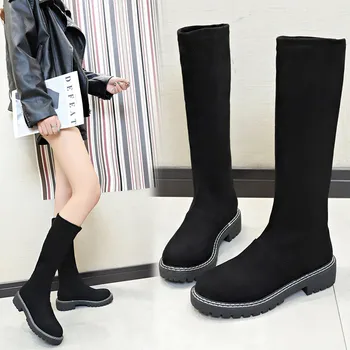 

Platform wedge Suture women's spring autumn thigh boots Winter plush mid-calf boots Female stretch high heel boots 35-43