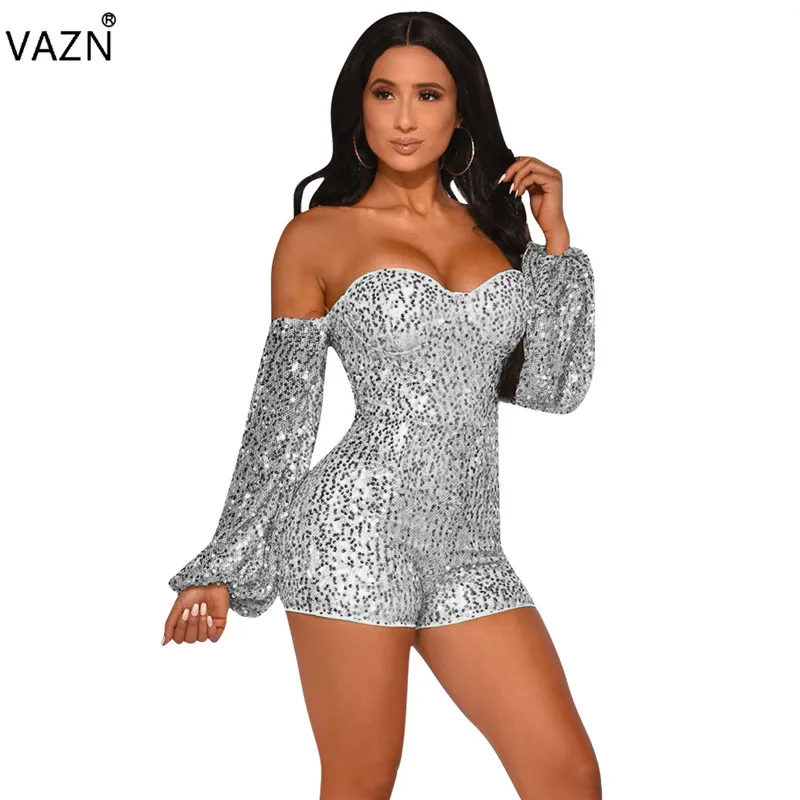 VAZN ME320 летний повседневный комбинезон с длинными рукавами сексуальный костюм с открытыми плечами Клубные короткие брюки-комбинезоны - Color: Silver