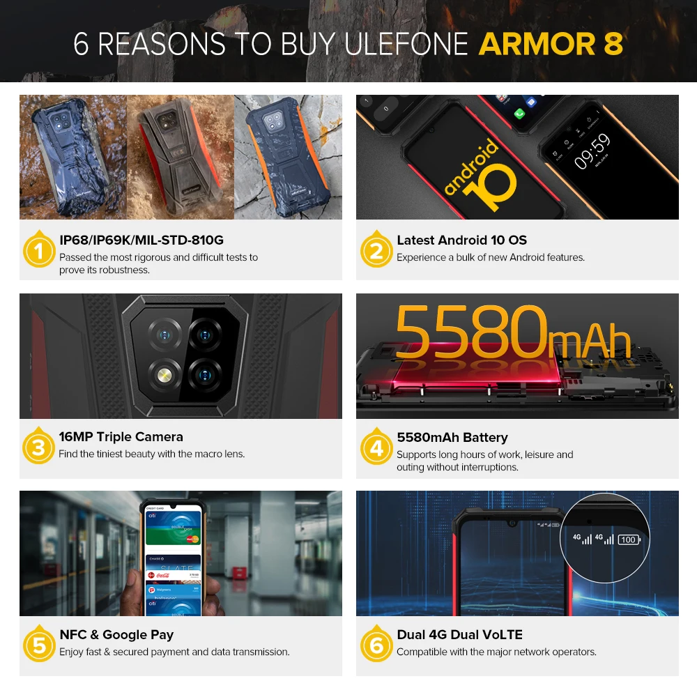 Ulefone Armor 8 Android 10 Смартфоны NFC Helio P60 4 Гб + 64 мобильный телефон Octa core 2 г/5G Wi Fi 6 1