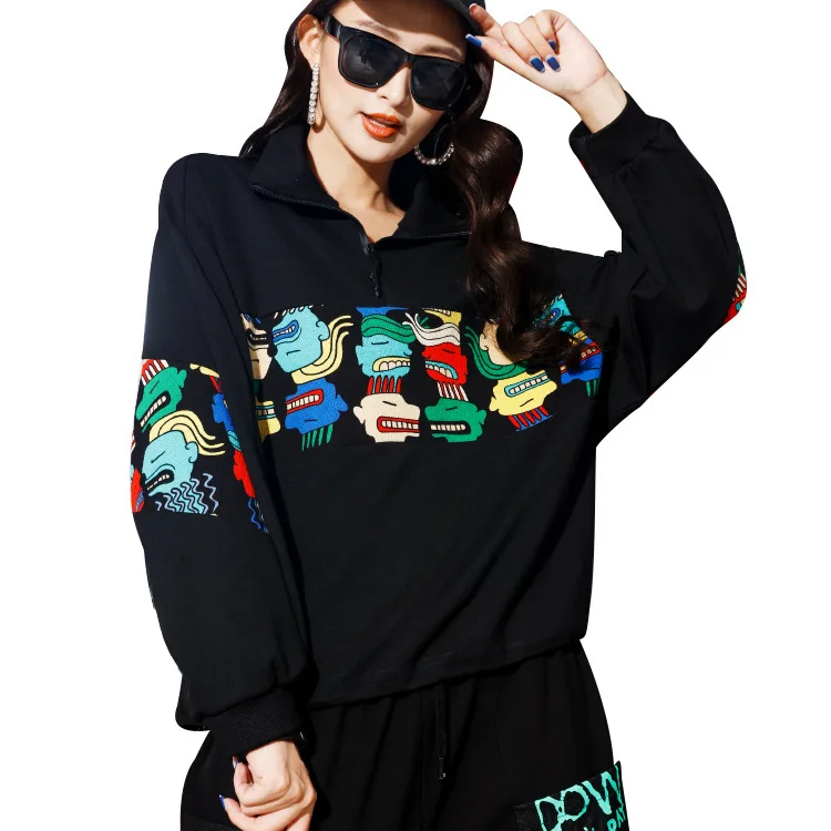 

Woman 2020 Loose Doodle Printing Hoodies For Women Black Color Long Sleeves O Neck Tops And Tees Female