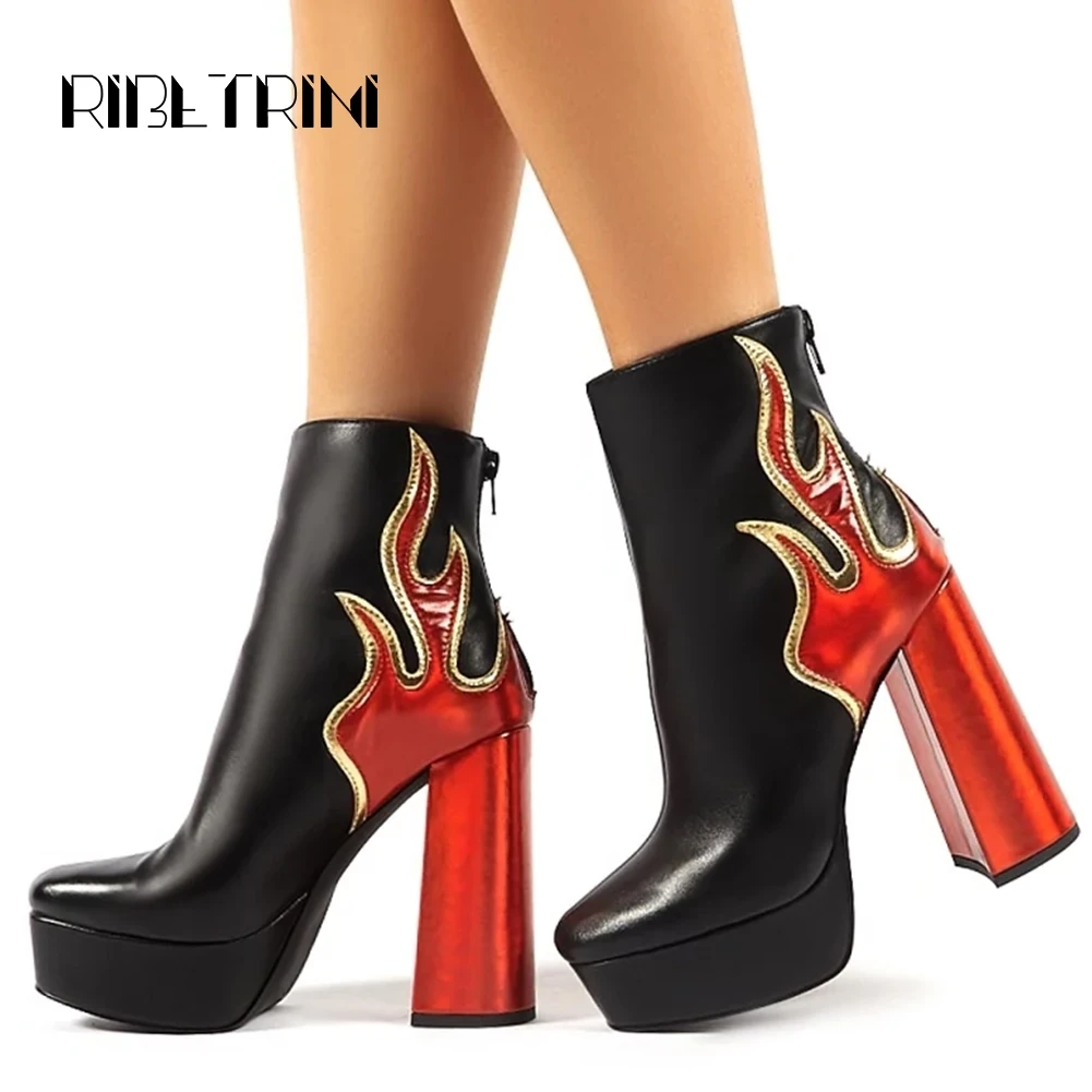 RIBETRINI Western Platform Ankle Boots For Women Sexy Trunky 13 Cm High Heeled Boots Patent Faux Leather Shoes Woman Size 36-41