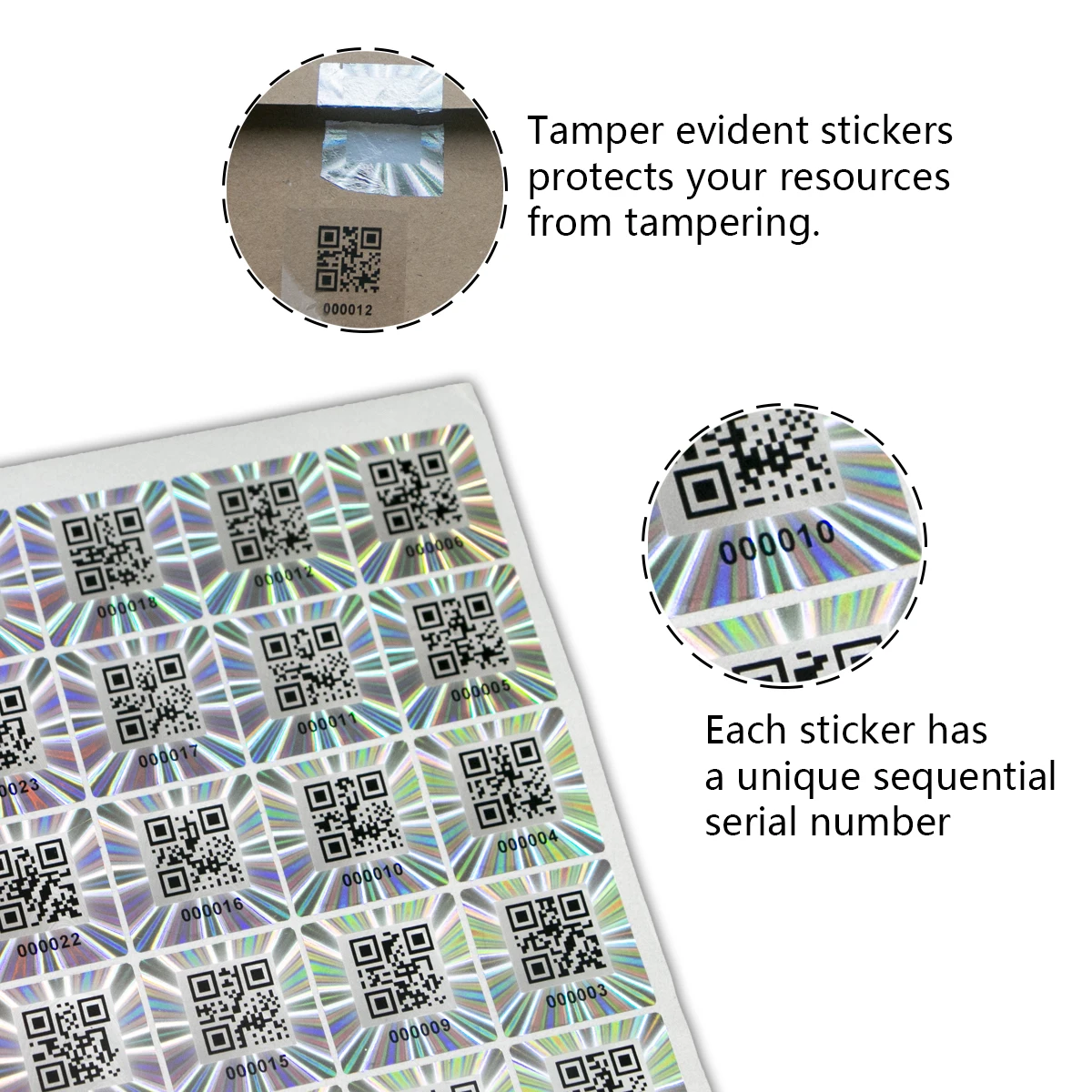 QR 코드가 포함된 2.5x2.5cm 실버 레이저 스티커 정통 보안 씰 홀로그램 보증 무효 스티커 보안 위조 방지 라벨