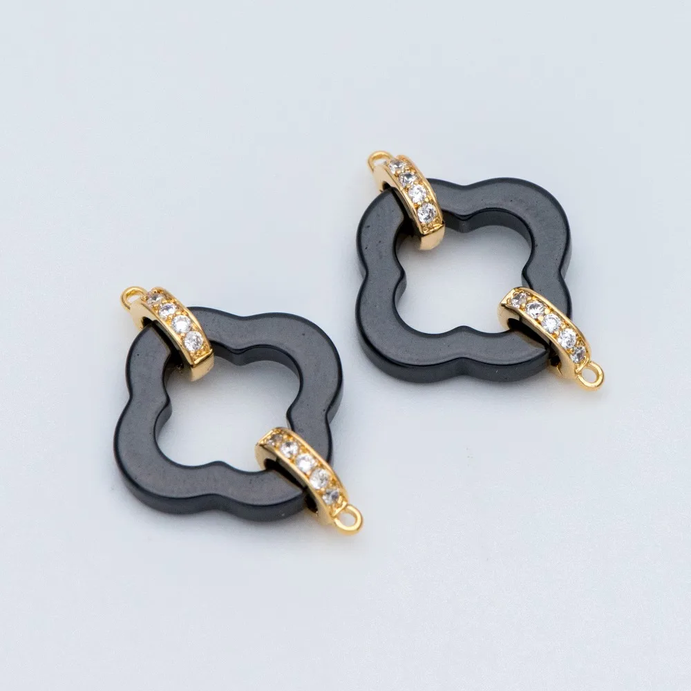 4pcs Gold CZ paved Clover Connectors, Gold Tone Brass, Black Ceramic Four Leaf Clover Pendants DIY Jewelry Making(GB-744