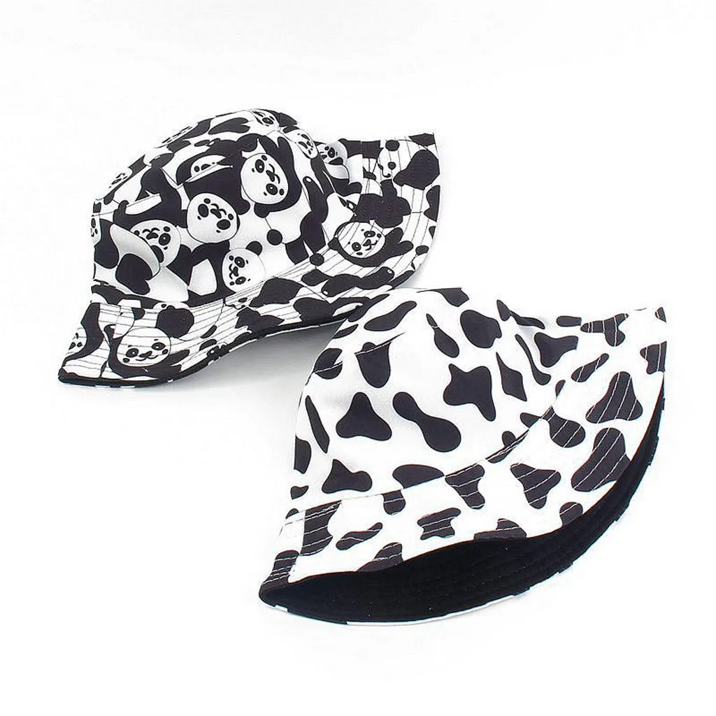 Bucket Hat Women Summer Black White Cow Pattern Outdoor Activities Travel Double-sided Fisherman Cap Sun Basin Bucket Hats #617
