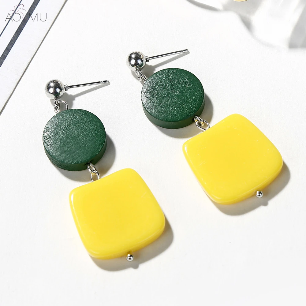 

AOMU Korean Fashion Acrylic Acetic Acid Yellow-green Matte Geometric Round Circle Dangle Drop Earrings for Women Gift Jewelry