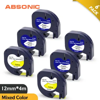 

Absonic 6PK Mixed Colors 12mm Label Tape 12267 91201 91202 Replace Dymo Label Maker Letratag LT-100H LT-100T Plus Label Printer