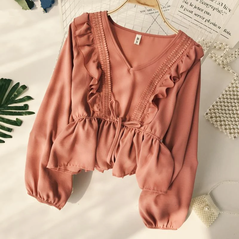 

Drawstring Sash Ruffles Women Blouse V-Neck Lace Patchwork Vintage Blusa 2019 Spring Summer Solid Slim Fashion Tops Lady