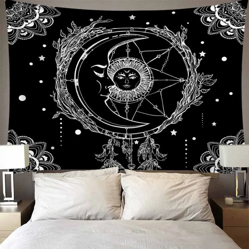 Online Psychedelic Raum Berg Sonne Und Mond Wandteppich Hängen Retro Schwarz Weiß Dünne Wand Kunst Tuch Tapisserie Hippie Wand Teppich