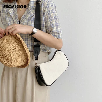 

EXCELSIOR New Women's Baguette Shoulder Bag Patchwork Messenger Bag for Women 2020 Chic Solid Canvas Crossbody Bags Adjustable