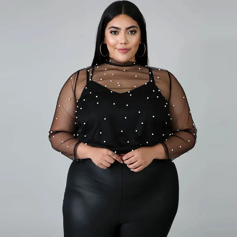 

Women's Casual Plus Size Embroidered Beaded Mesh See-through Top