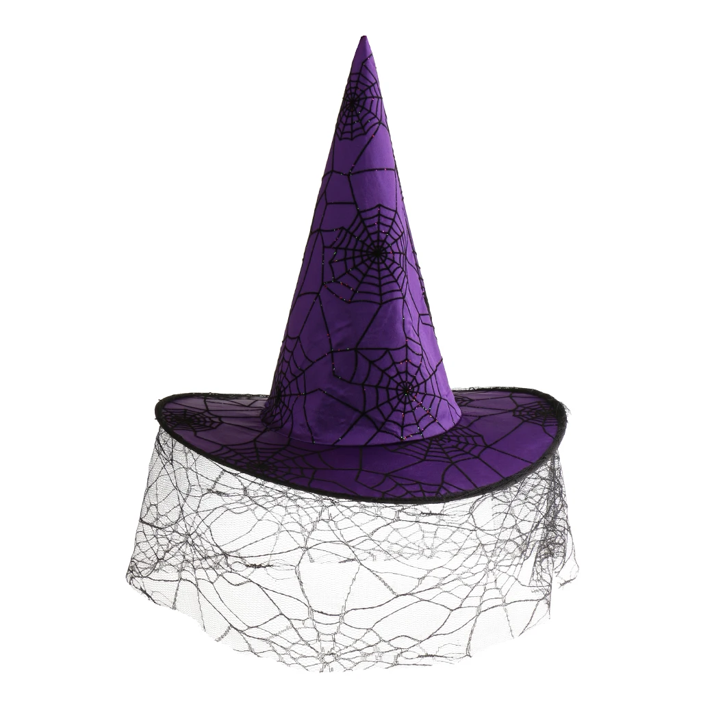 Women Girls Halloween Peaked Cap Veil Spiderweb Purple Satin Witch Hat Party Costume Accessory Women Girls Halloween Peaked Cap Veil Spiderweb Purple Satin Witch Hat Party Costume Accessory