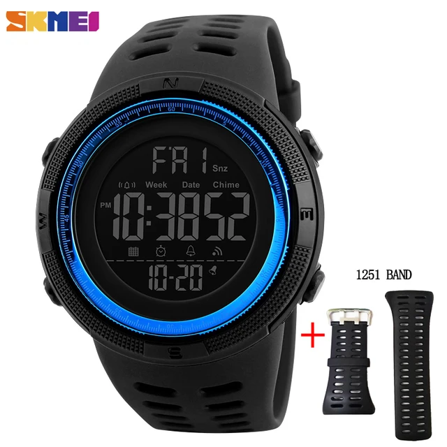 SKMEI Fashion Outdoor Sport Watch Men Multifunction Watches Alarm Clock Chrono 5Bar Waterproof Digital Watch reloj hombre 1251 Black Blue