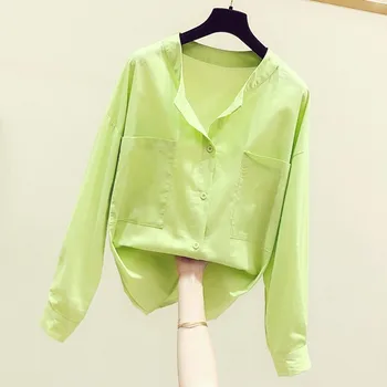

2020 Spring New Korean Version of The Solid Color Lazy Wind Pockets Single Breasted Long-Sleeve Shirt Women's Loose Blouse Top