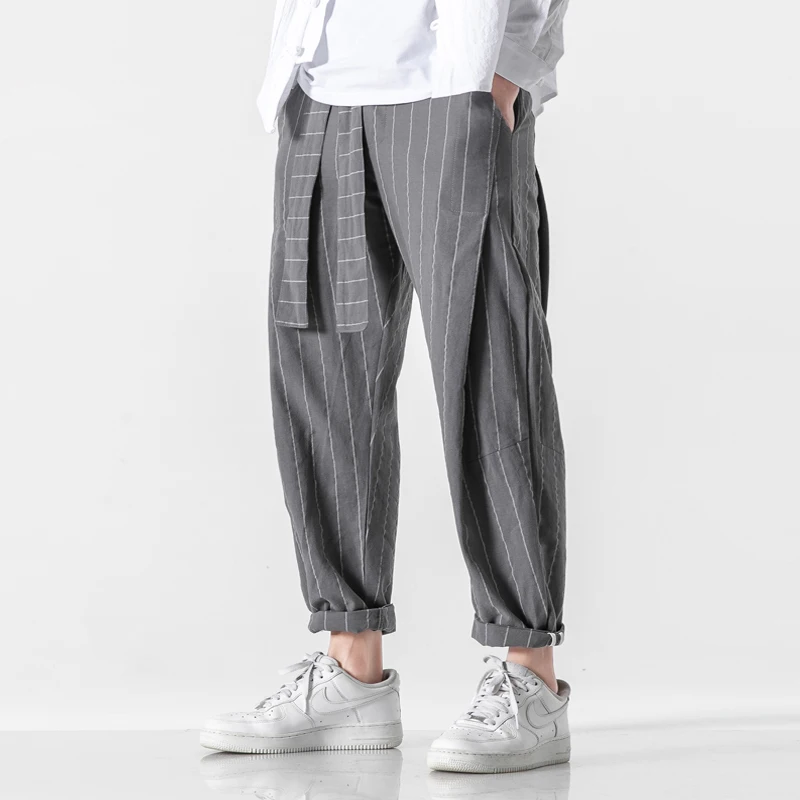 

New Men's 2023 Streetwear Loose Harem Pants Belt Cotton Linen Men Fashion Striped Oversize Jogging Pants Woman Trousers 5XL
