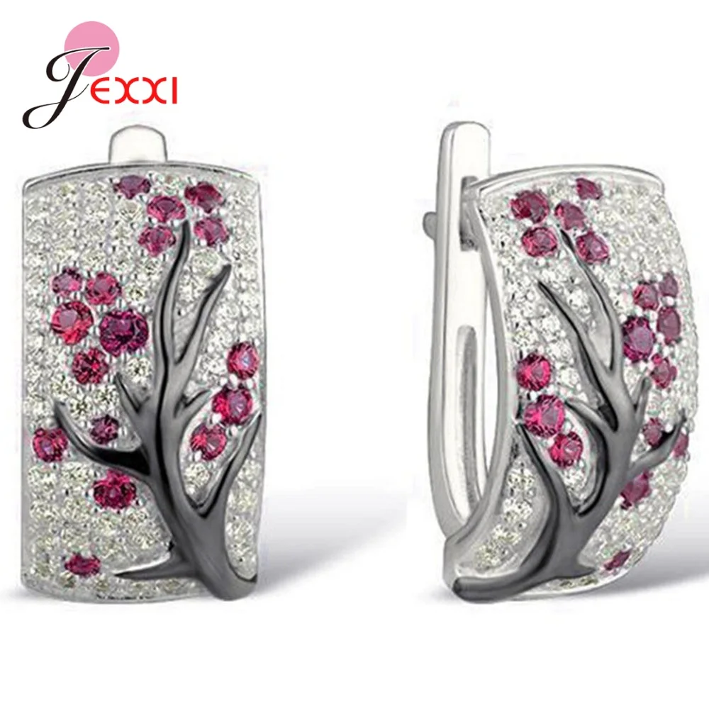 

New Fashion 925 Sterling Silver Plum Flower Hoop Earrings For Women Girls Trendy Jewelry Full Zircon Paved Earrings Wholesale