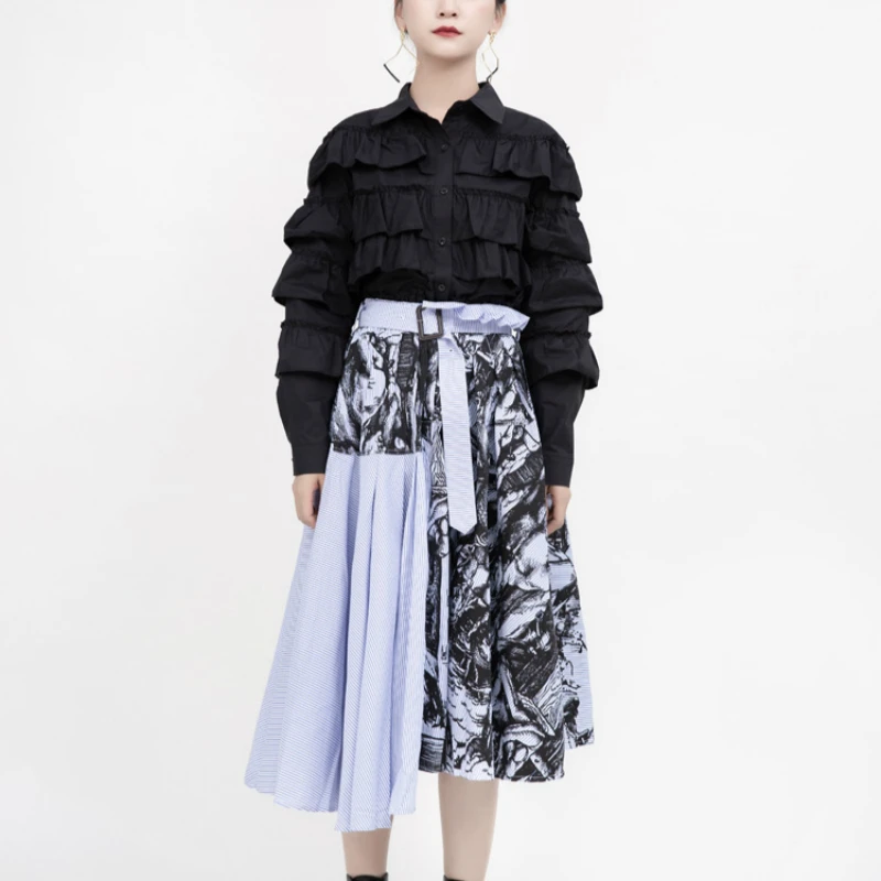 

Cropped Skirts Suit Women Ruffles Long Sleeve Blouse and Sketch Print Irregular Pleated Skirt with Sashes Clothing Set Spring