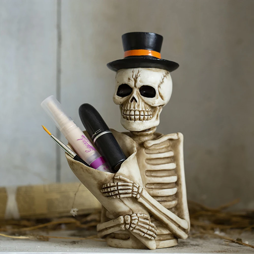 Halloween Skull Head Pen Pencil Makeup Brush Holders Bouquet Shape Skeleton Stationery Holder for Home Office Desktop Decoration | Дом и сад