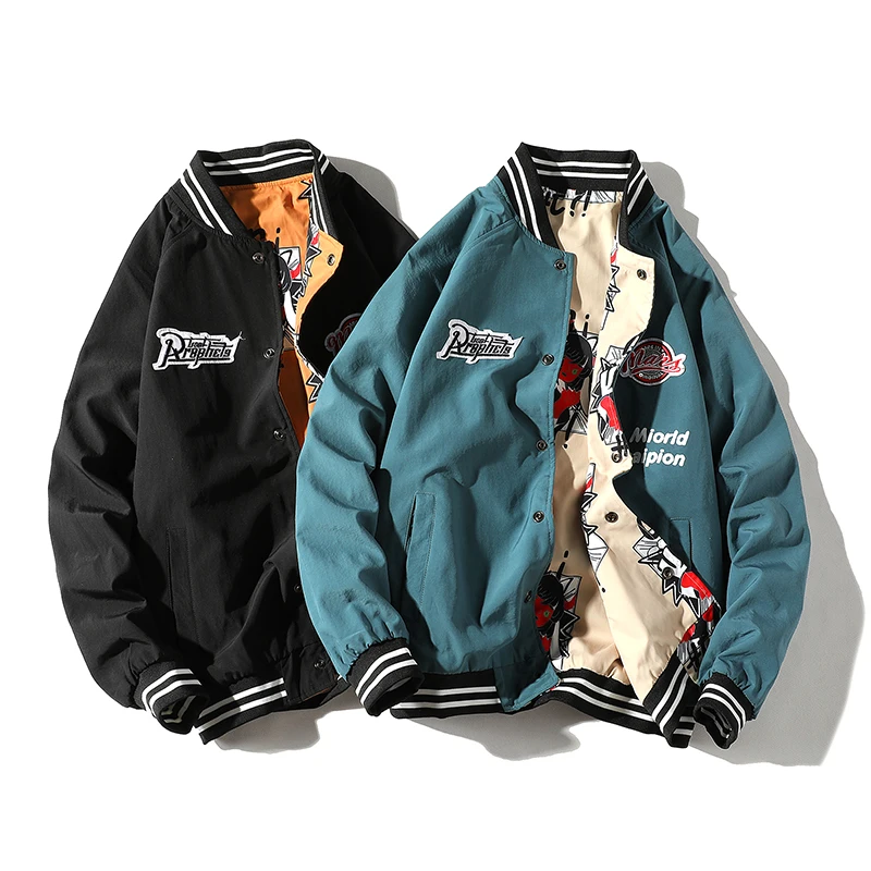 

Reversible Jacket with Letters and Cartoon Print for Mens Fashion Trends Clothing Oversized Korean Streetwear Zip Bomber Jackets