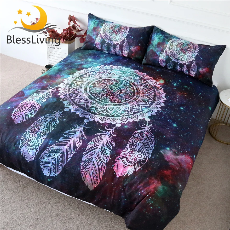 Acheter BlessLiving Dreamcatcher ensemble de literie galaxie housse de couette bohème Mandala literie 3 pièces vert rouge nébuleuse doux Textiles de maison