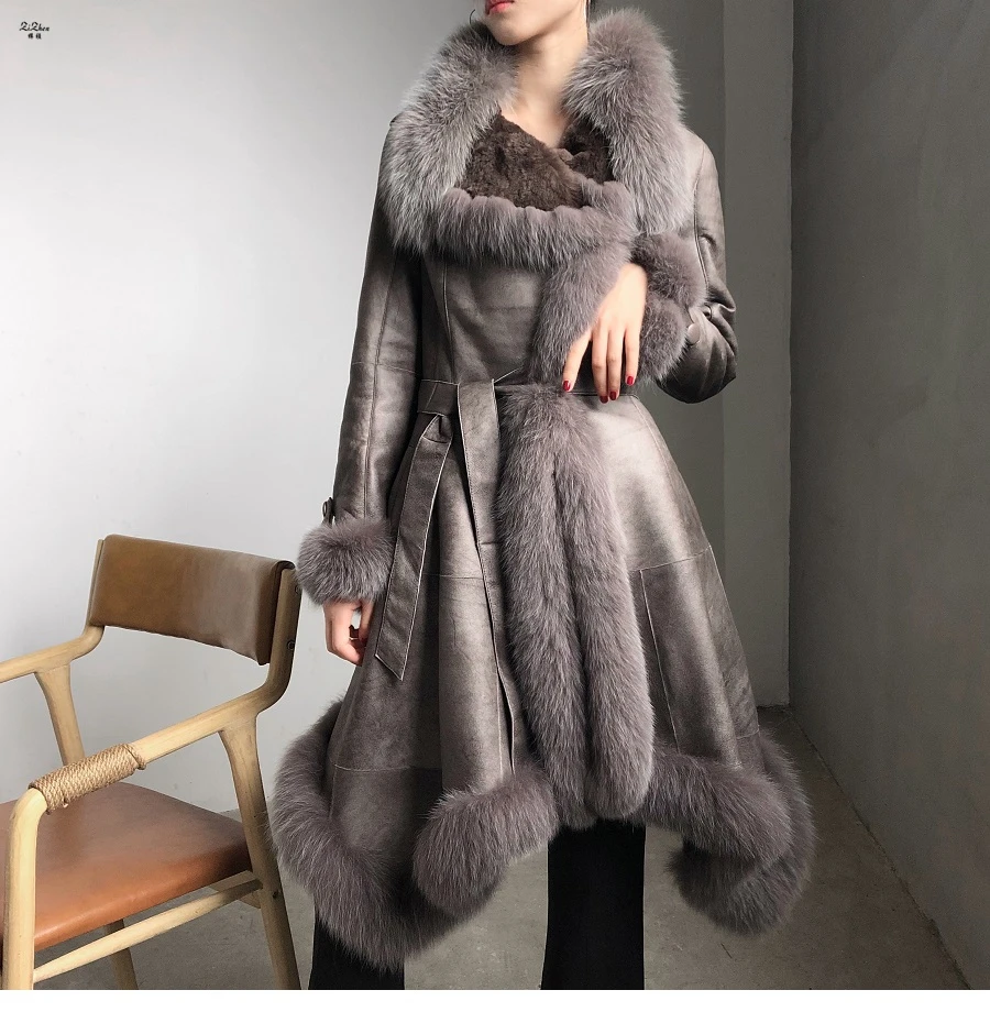 

ZiZhen Trench Natural Lamb Fur Lining Fox Fur Long Double-faced Fur Overcoat With Belt Streetwear 190903-3