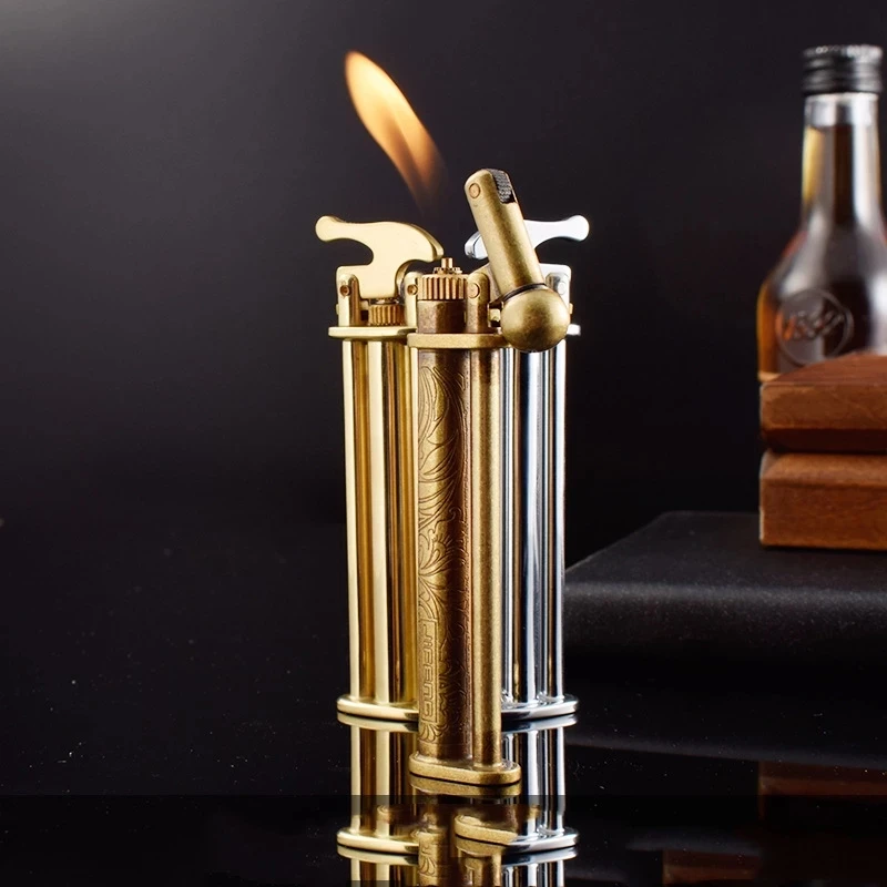 

Retro JiFeng Unusual Vintage Three Trident Pure Brass Flame Gasoline Flint Lighter Butane gas Cigarette Lighter Gadgets For Men