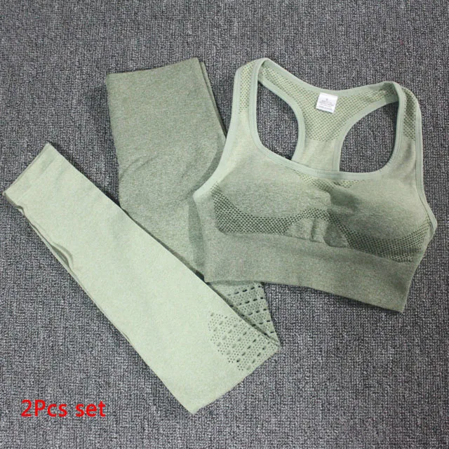 Army green 2Pcs set Комплект из 2 предметов для йоги с эффектом омбре, женская одежда для фитнеса, спортивная одежда, женский спортивный бюстгальтер+ леггинсы для спортзала, спортивные костюмы, спортивная одежда для бега - Цвет: Army green 2Pcs set