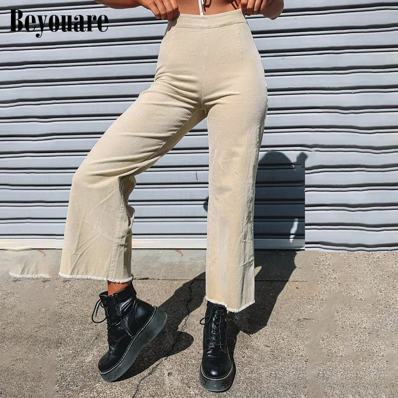 

Beyouare 2020 Autumn Corduroy Ankle-Length Pant Vintage Women Wide Leg Pant Trouser Elegant High Waist Female Leisure Pantalones
