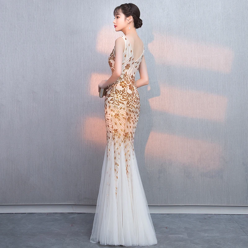 Robe de soiree, Золотое Элегантное Длинное Платье с v-образным вырезом, украшенное бисером, платья с аппликацией, вечерние платья русалки, вечерние платья для выпускного вечера