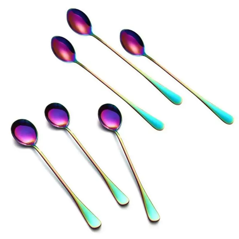 

6pcs Stainless Steel Iridescence Rainbow Coffee Spoons Mixing Spoons Set Long-Handle Cream Iced Spoons Cocktail Stir Spoons,Mult
