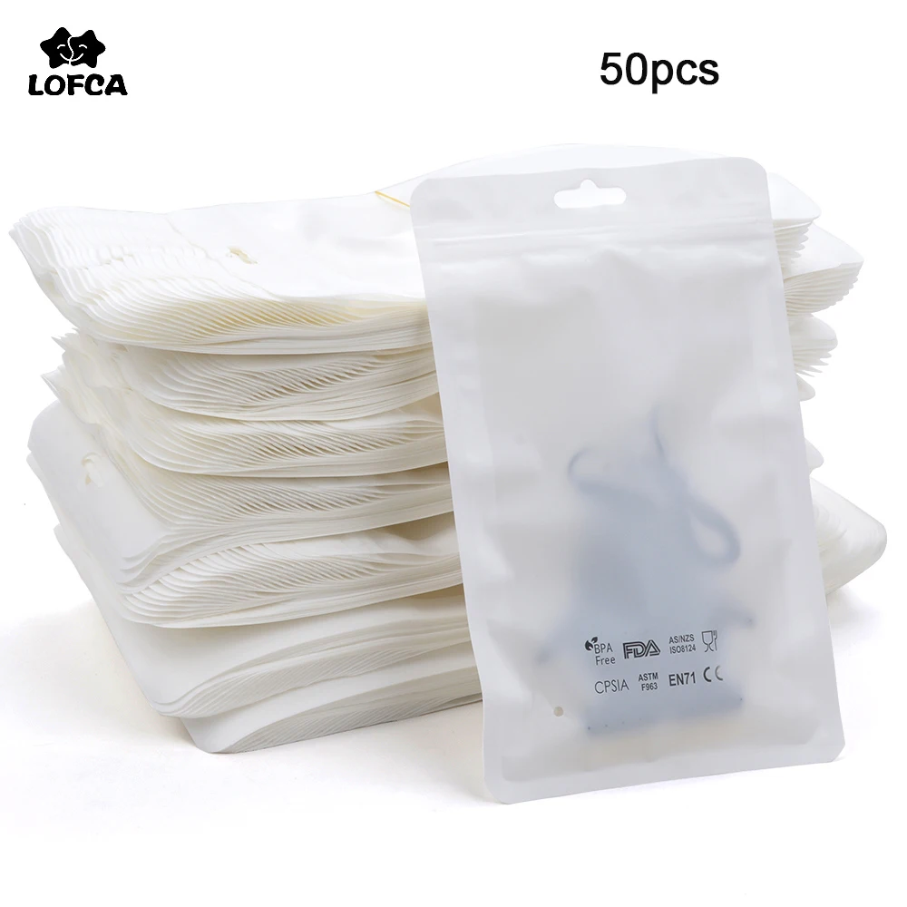 LOFCA 50 шт. пластиковые пакеты для соски на цепочке, аксессуары для упаковки, безопасность, без бисфенола, логотип, силиконовые бусины, посылка, пакеты для демонстрации, 2 размера