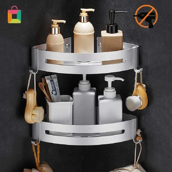 

1Pcs No Drilling Shower Shelf Bathroom Corner Shelf Aluminum Shower Storage Basket With Hooks Bath Shower Storage Rack Cozy